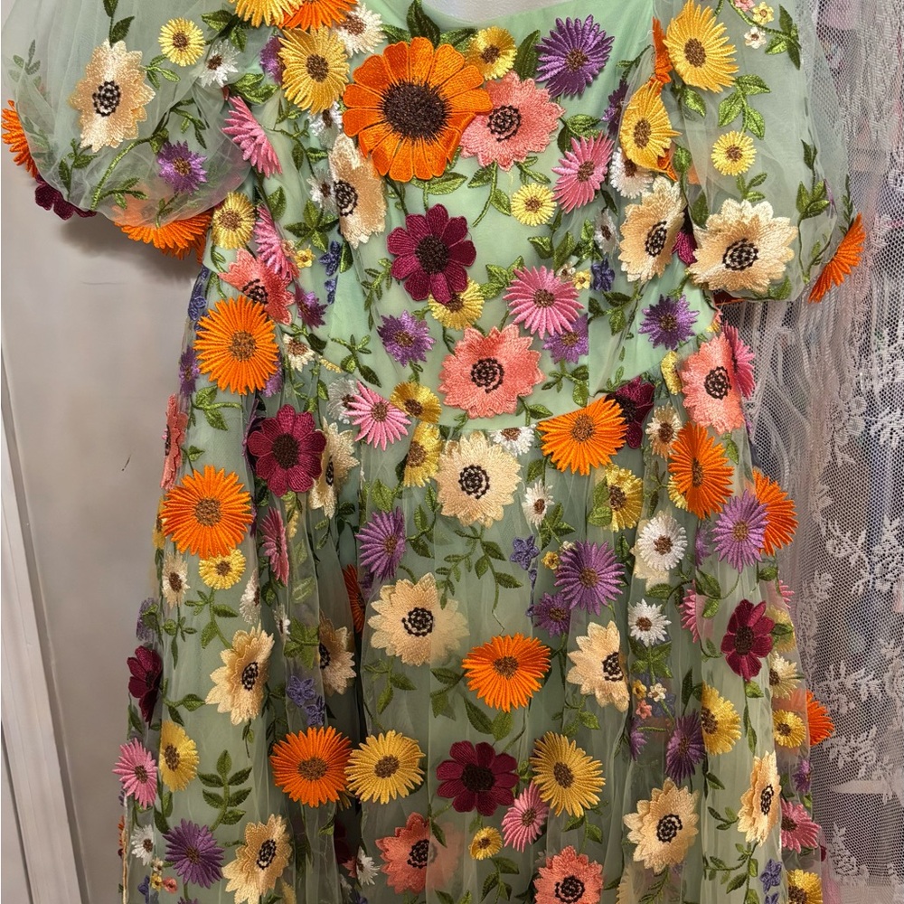 Garden Waltz Dress. Floral Embroidered Green Mesh Dress w/ 3d Multicolor Blooms